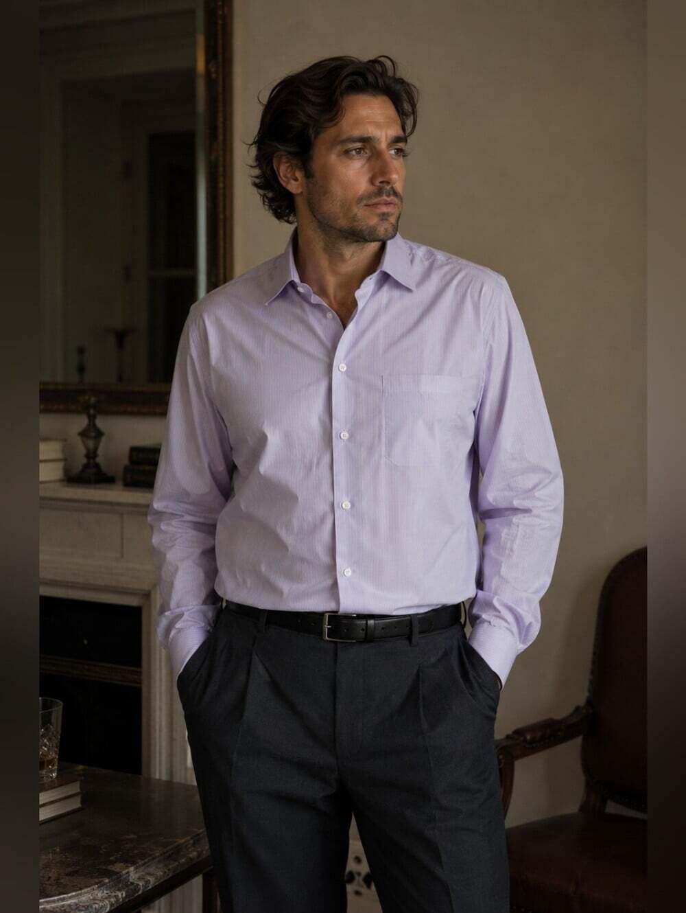 Canali Men's Dress Shirt 47 18.5 Lavender Stripe 100% Cotton Made in Italy